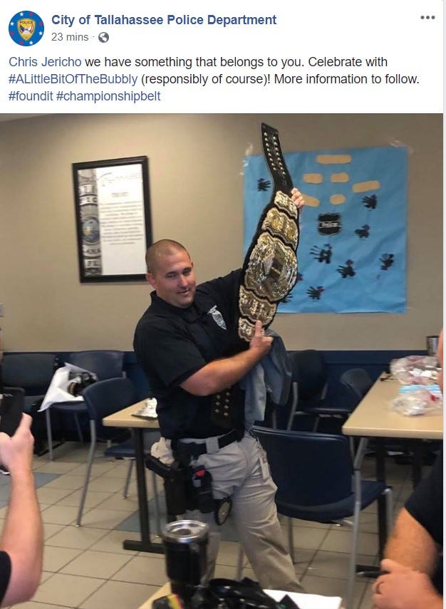 Tallahassee police delete post saying they found championship belt of AEW wrestler Chris Jericho